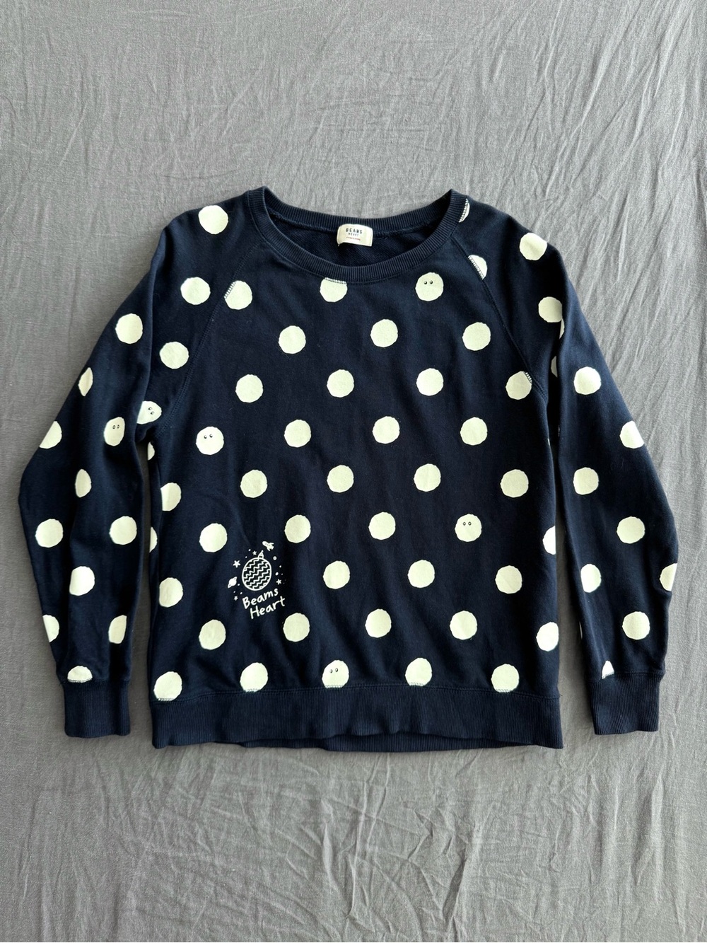 Beams Heart Navy Polka Dot Relaxed Fit Raglan Sleeve Crewneck Sweatshirt - Sz U